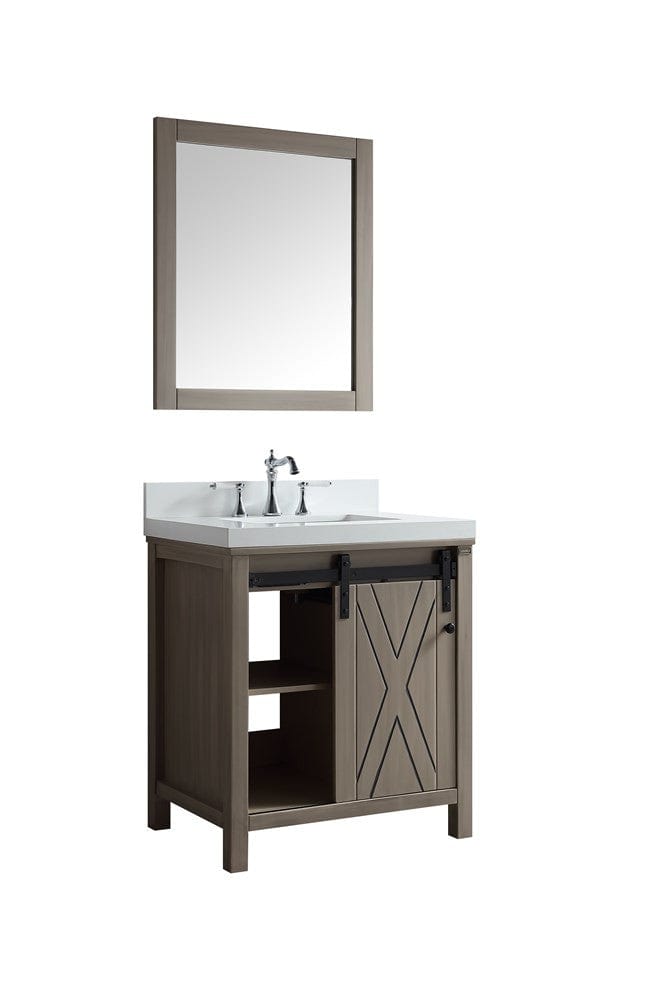 Lexora Marsyas 30" Ash Grey Single Vanity Set | White Carrara Marble Top | White Ceramic Square Undermount Sink | 28" Mirror