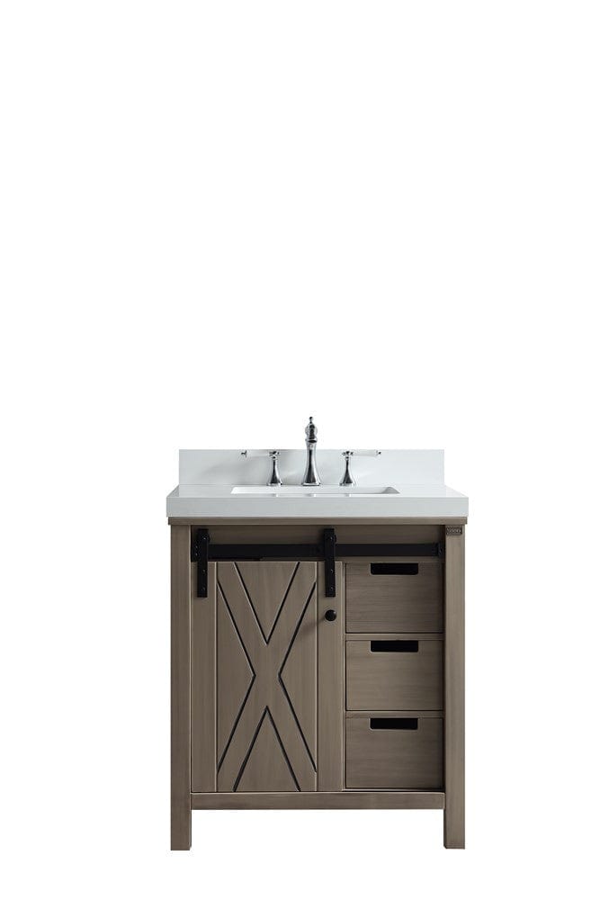 Lexora Marsyas 30" Ash Grey Single Vanity | White Carrara Marble Top | White Ceramic Square Undermount Sink | No Mirror