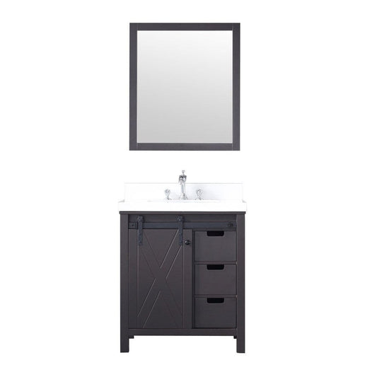 Lexora Vanities Lexora Marsyas 30" Brown Single Vanity Set | White Quartz Top | White Ceramic Square Undermount Sink | 28" Mirror