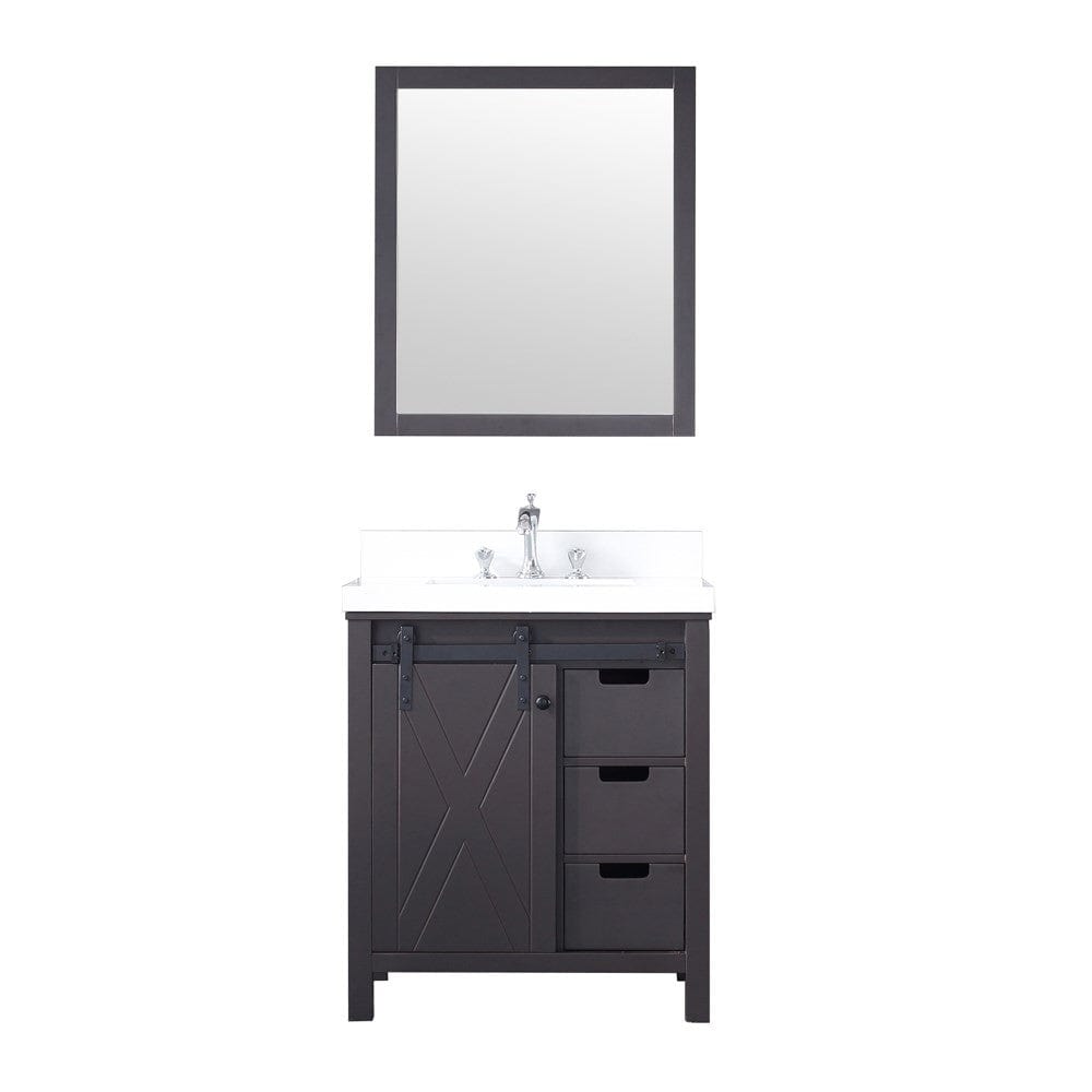 Lexora Marsyas 30" Brown Single Vanity Set | White Quartz Top | White Ceramic Square Undermount Sink | 28" Mirror