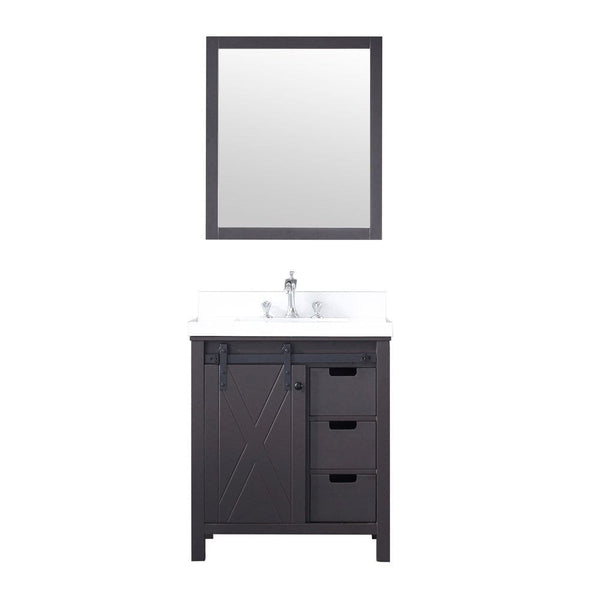Lexora Marsyas 30 Brown Single Vanity Set | White Quartz Top | White Ceramic Square Undermount Sink | 28 Mirror