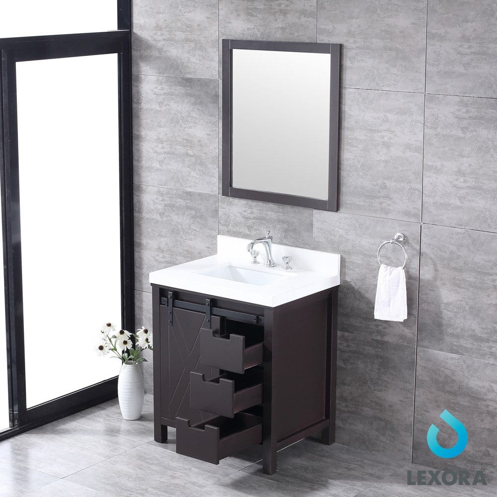 Lexora Marsyas 30" Brown Single Vanity Set | White Quartz Top | White Ceramic Square Undermount Sink | 28" Mirror