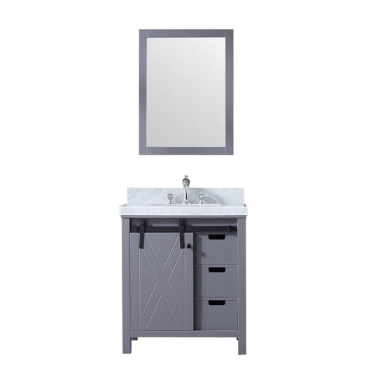 Lexora Marsyas 30" Dark Grey Single Vanity Set | White Carrara Marble Top | White Ceramic Square Undermount Sink | 28" Mirror