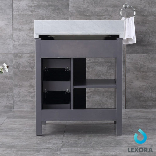 Lexora Marsyas 30" Dark Grey Single Vanity Set | White Carrara Marble Top | White Ceramic Square Undermount Sink | 28" Mirror