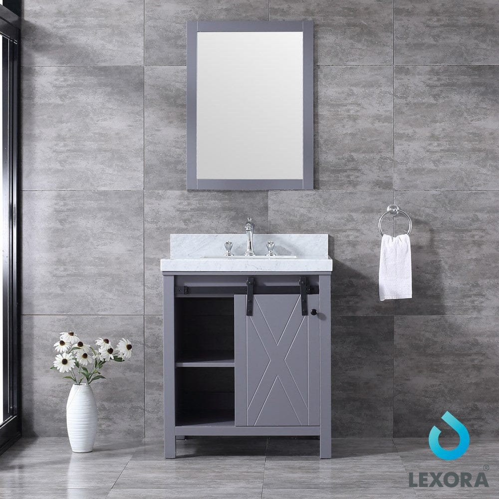 Lexora Marsyas 30" Dark Grey Single Vanity Set | White Carrara Marble Top | White Ceramic Square Undermount Sink | 28" Mirror