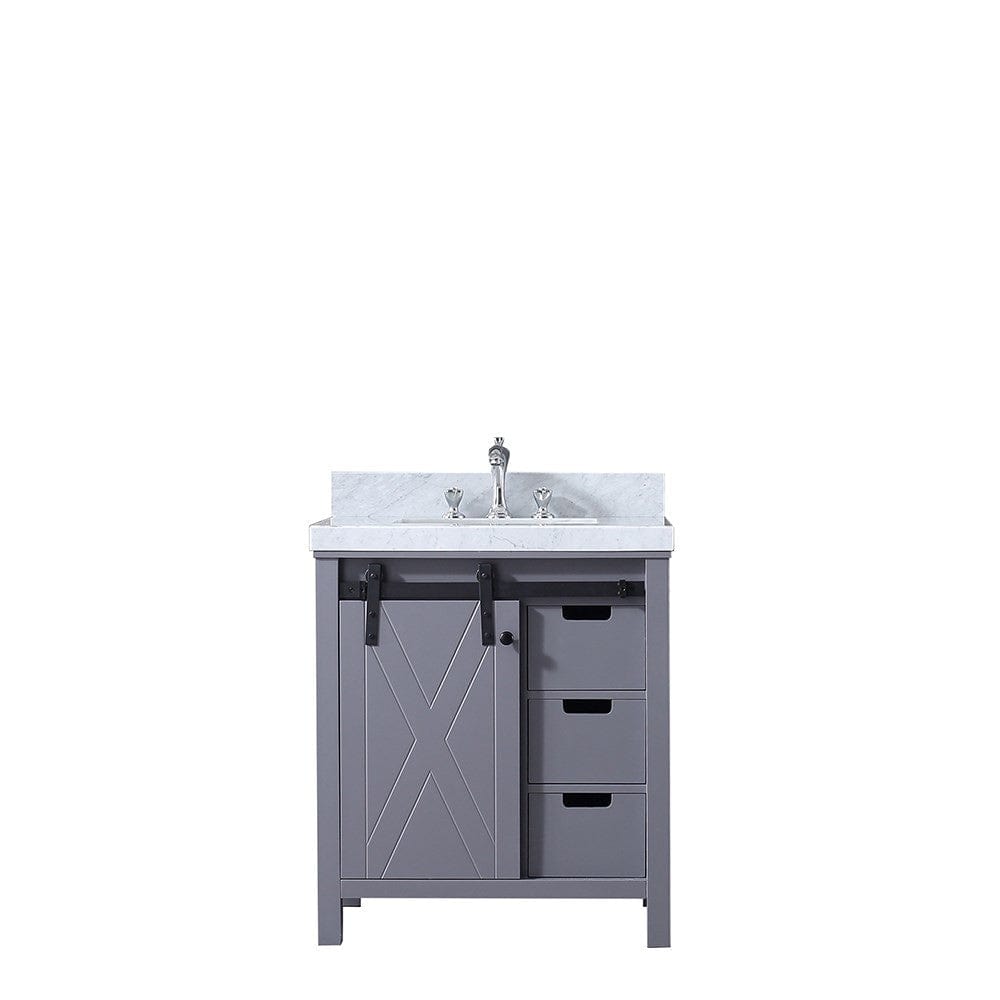 Lexora Marsyas 30" Dark Grey Single Vanity | White Carrara Marble Top | White Ceramic Square Undermount Sink | No Mirror