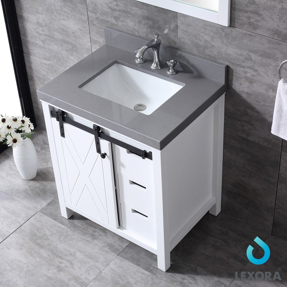 Lexora Marsyas 30" White Single Vanity Set | Grey Quartz Top | White Ceramic Square Undermount Sink | 28" Mirror