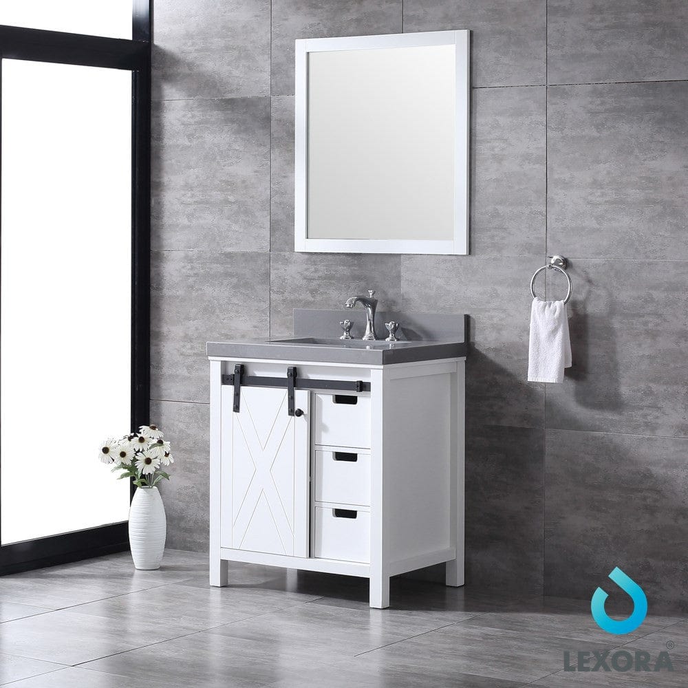 Lexora Marsyas 30" White Single Vanity Set | Grey Quartz Top | White Ceramic Square Undermount Sink | 28" Mirror