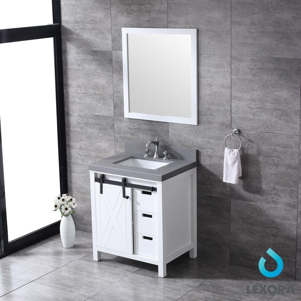 Lexora Marsyas 30" White Single Vanity Set | Grey Quartz Top | White Ceramic Square Undermount Sink | 28" Mirror