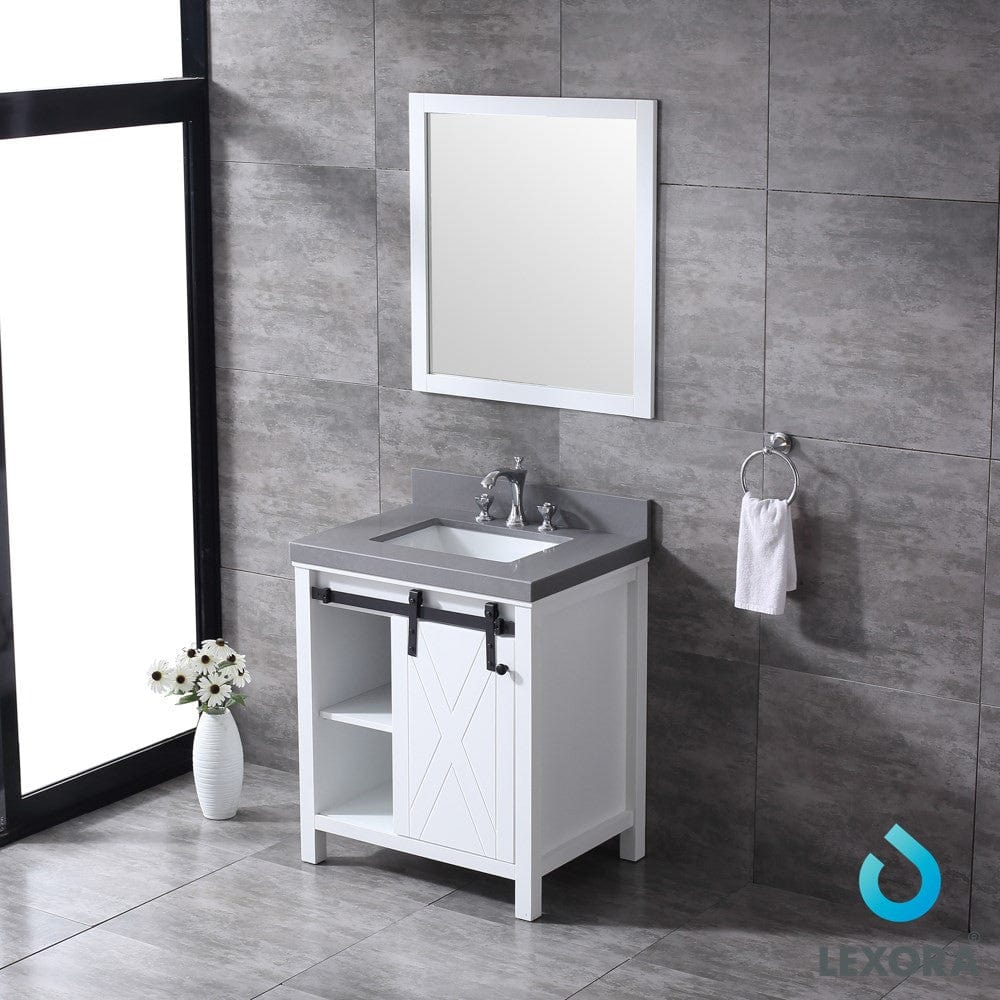 Lexora Marsyas 30" White Single Vanity Set | Grey Quartz Top | White Ceramic Square Undermount Sink | 28" Mirror