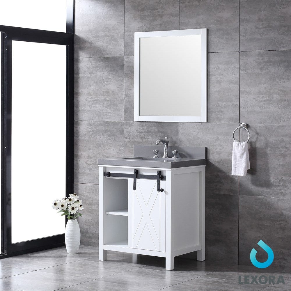 Lexora Marsyas 30" White Single Vanity Set | Grey Quartz Top | White Ceramic Square Undermount Sink | 28" Mirror