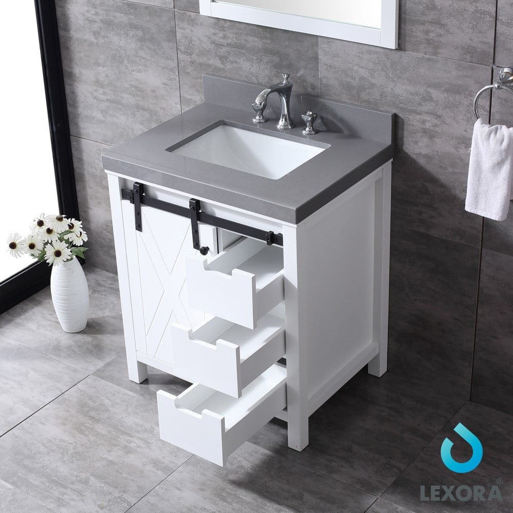 Lexora Marsyas 30" White Single Vanity Set | Grey Quartz Top | White Ceramic Square Undermount Sink | 28" Mirror