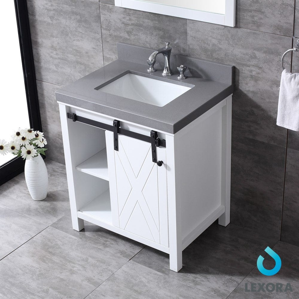 Lexora Marsyas 30" White Single Vanity Set | Grey Quartz Top | White Ceramic Square Undermount Sink | 28" Mirror