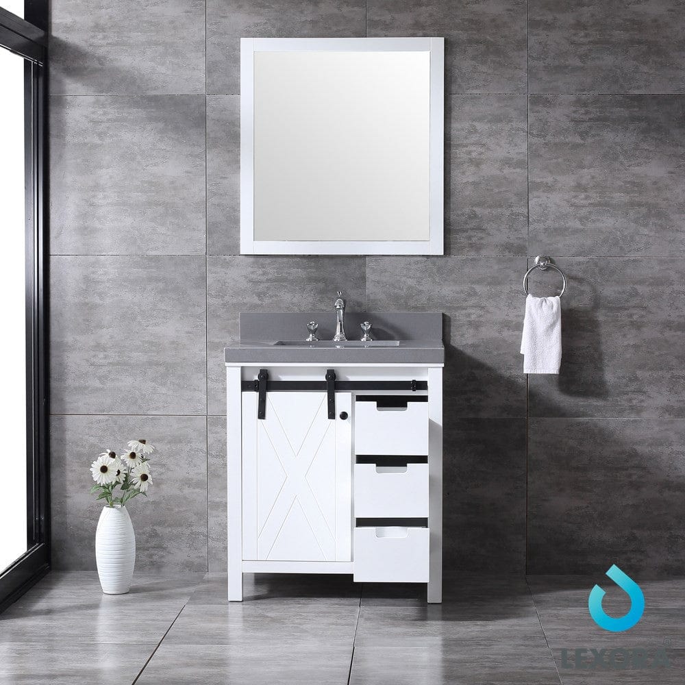 Lexora Marsyas 30" White Single Vanity Set | Grey Quartz Top | White Ceramic Square Undermount Sink | 28" Mirror