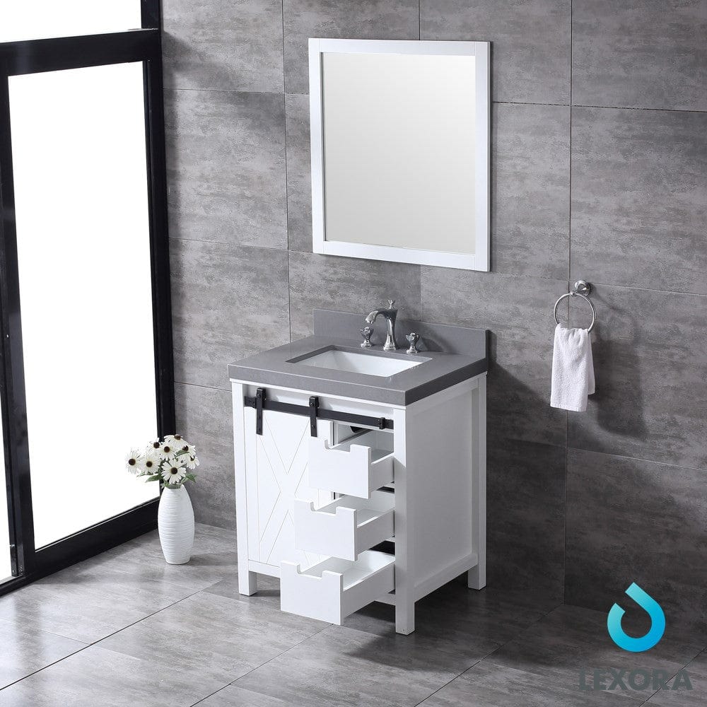 Lexora Marsyas 30" White Single Vanity Set | Grey Quartz Top | White Ceramic Square Undermount Sink | 28" Mirror