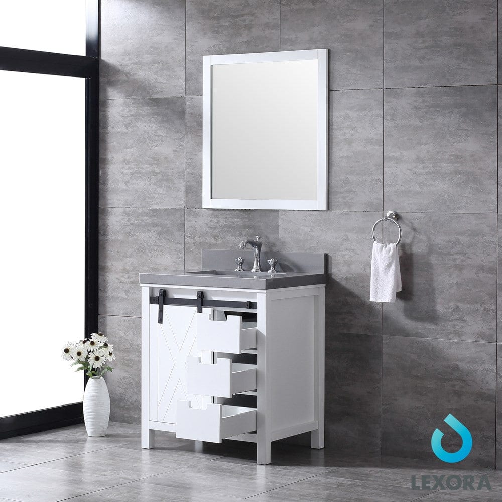 Lexora Marsyas 30" White Single Vanity Set | Grey Quartz Top | White Ceramic Square Undermount Sink | 28" Mirror