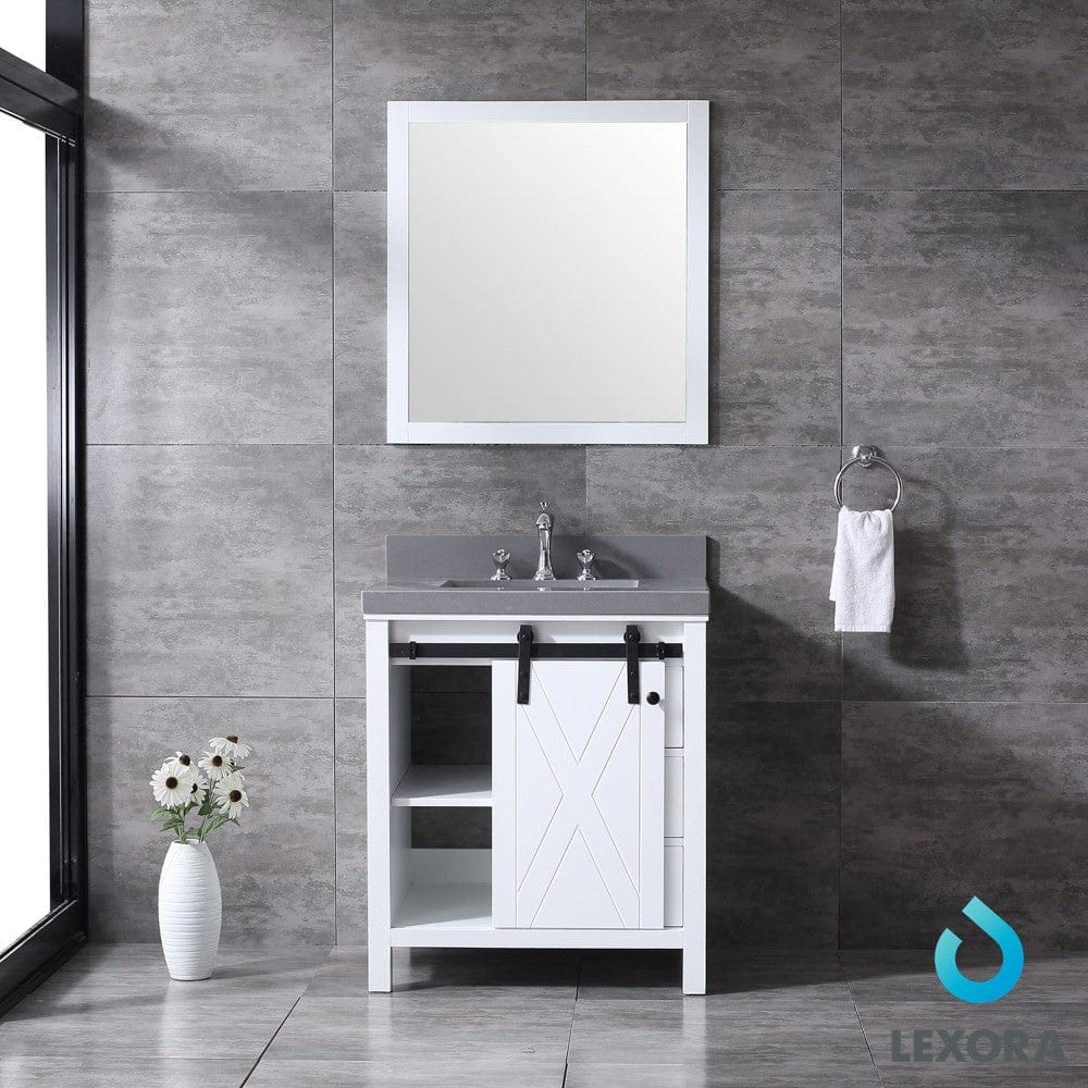 Lexora Marsyas 30" White Single Vanity Set | Grey Quartz Top | White Ceramic Square Undermount Sink | 28" Mirror