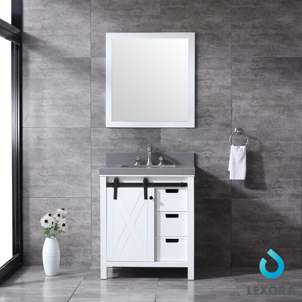 Lexora Marsyas 30" White Single Vanity Set | Grey Quartz Top | White Ceramic Square Undermount Sink | 28" Mirror