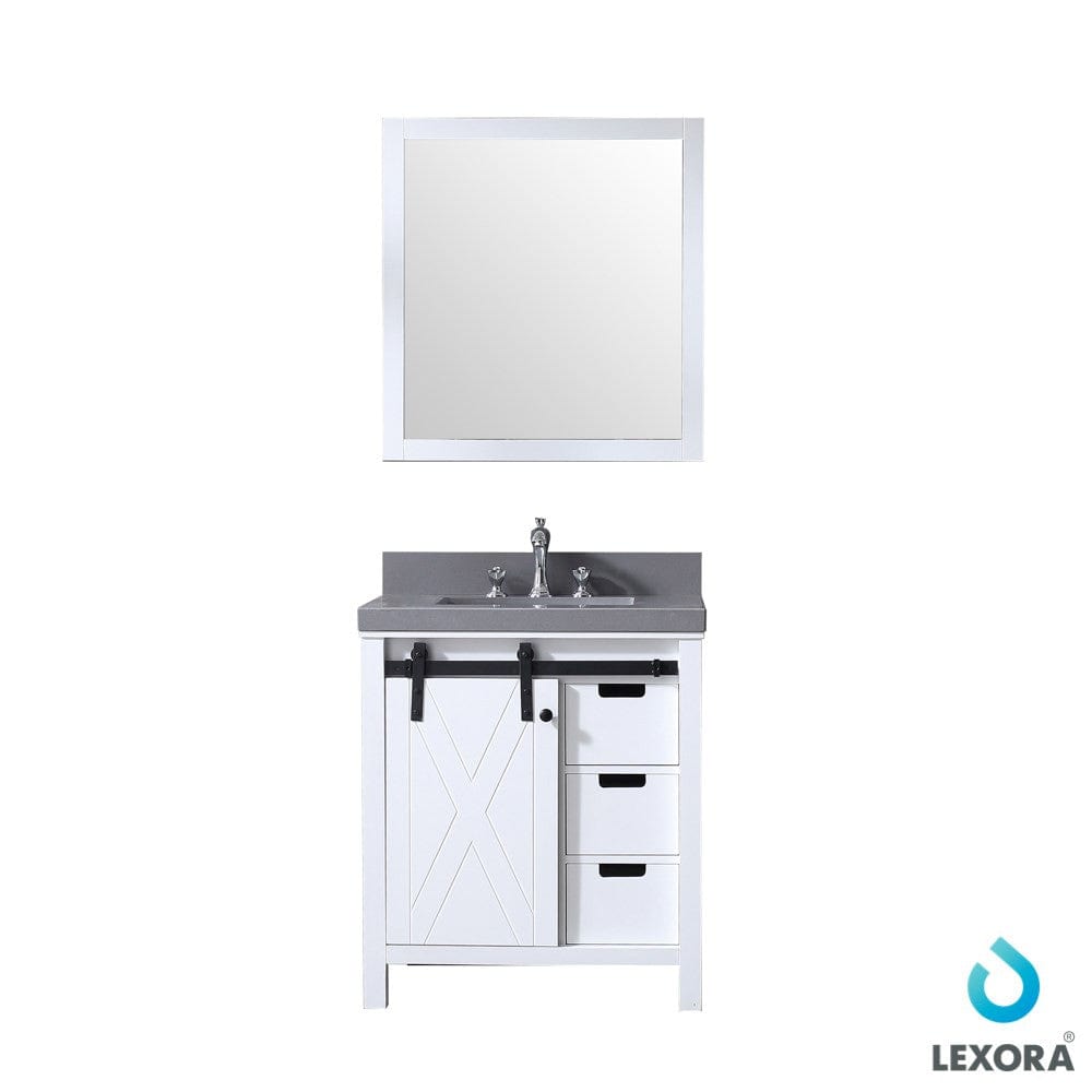 Lexora Marsyas 30" White Single Vanity Set | Grey Quartz Top | White Ceramic Square Undermount Sink | 28" Mirror