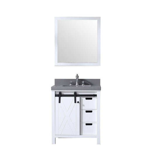Lexora Vanities Lexora Marsyas 30" White Single Vanity Set | Grey Quartz Top | White Ceramic Square Undermount Sink | 28" Mirror