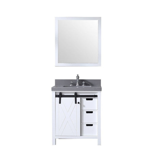 Lexora Marsyas 30" White Single Vanity Set | Grey Quartz Top | White Ceramic Square Undermount Sink | 28" Mirror