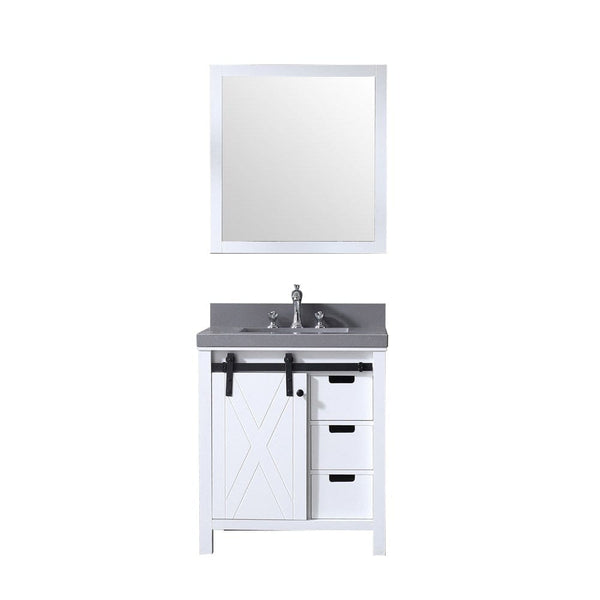 Lexora Marsyas 30 White Single Vanity Set | Grey Quartz Top | White Ceramic Square Undermount Sink | 28 Mirror