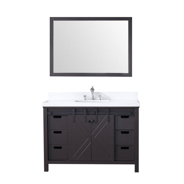 Lexora Marsyas 48 Brown Single Vanity Set | White Quartz Top | White Ceramic Square Undermount Sink | 44 Mirror