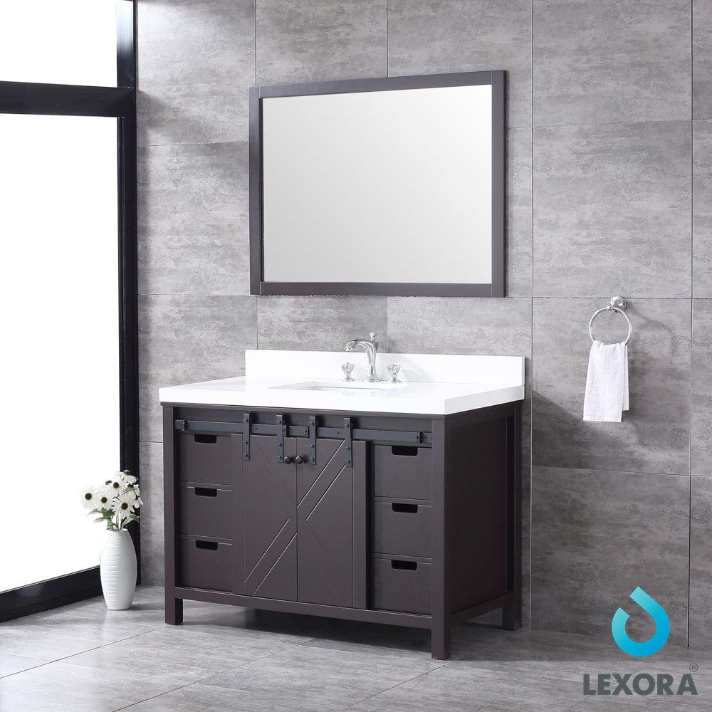 Lexora Marsyas 48" Brown Single Vanity Set | White Quartz Top | White Ceramic Square Undermount Sink | 44" Mirror