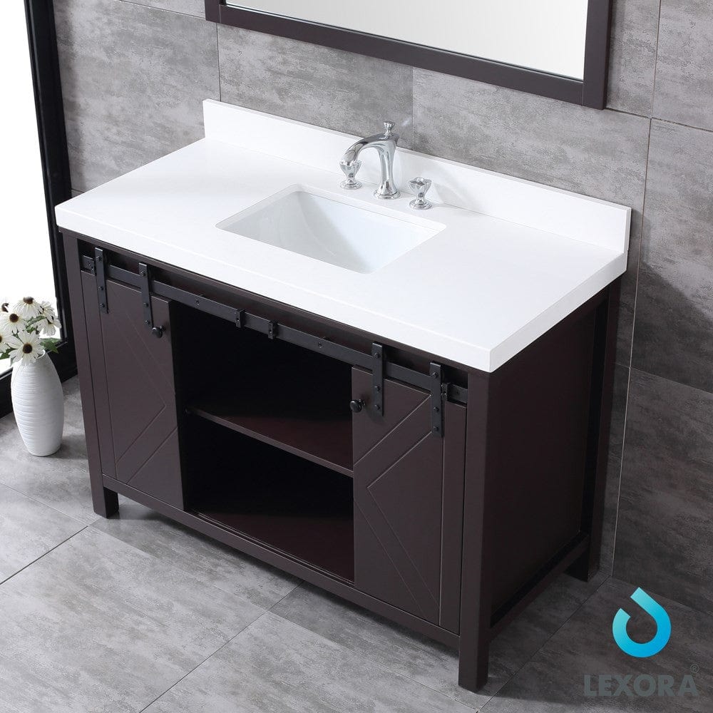 Lexora Marsyas 48" Brown Single Vanity Set | White Quartz Top | White Ceramic Square Undermount Sink | 44" Mirror
