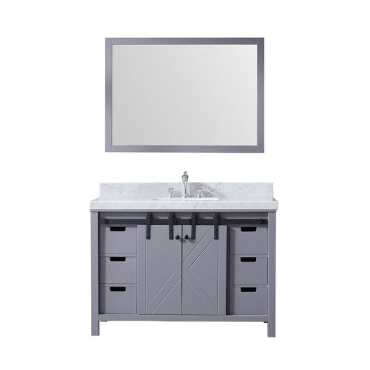 Lexora Marsyas 48" Dark Grey Single Vanity Set | White Carrara Marble Top | White Ceramic Square Undermount Sink | 44" Mirror