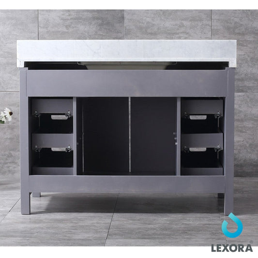 Lexora Marsyas 48" Dark Grey Single Vanity Set | White Carrara Marble Top | White Ceramic Square Undermount Sink | 44" Mirror