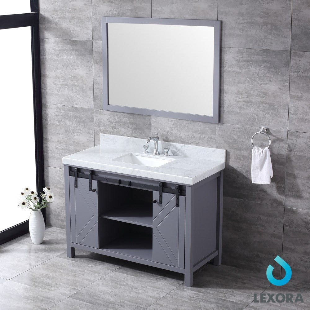 Lexora Marsyas 48" Dark Grey Single Vanity Set | White Carrara Marble Top | White Ceramic Square Undermount Sink | 44" Mirror