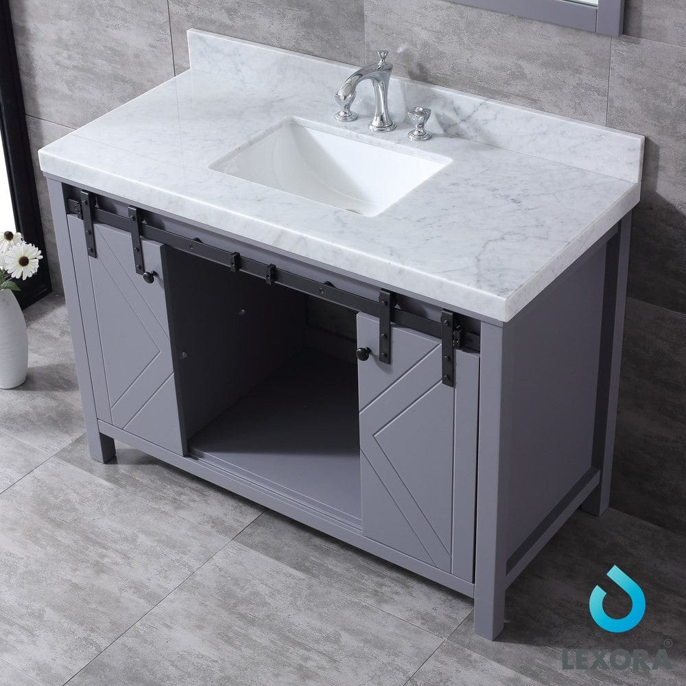 Lexora Marsyas 48" Dark Grey Single Vanity Set | White Carrara Marble Top | White Ceramic Square Undermount Sink | 44" Mirror