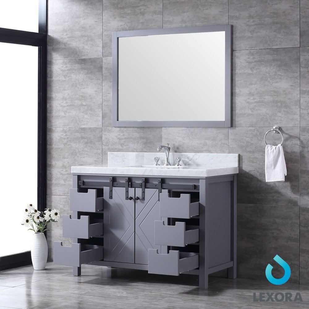 Lexora Marsyas 48" Dark Grey Single Vanity Set | White Carrara Marble Top | White Ceramic Square Undermount Sink | 44" Mirror