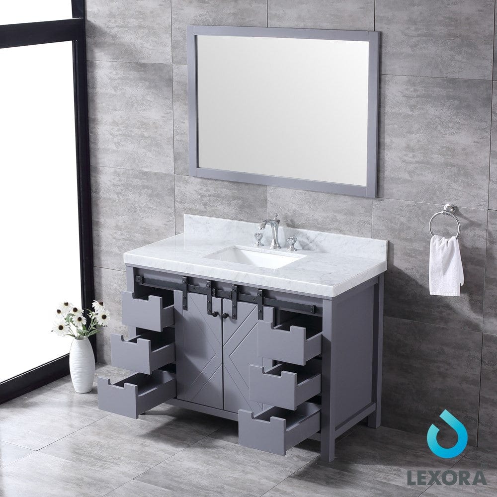 Lexora Marsyas 48" Dark Grey Single Vanity Set | White Carrara Marble Top | White Ceramic Square Undermount Sink | 44" Mirror