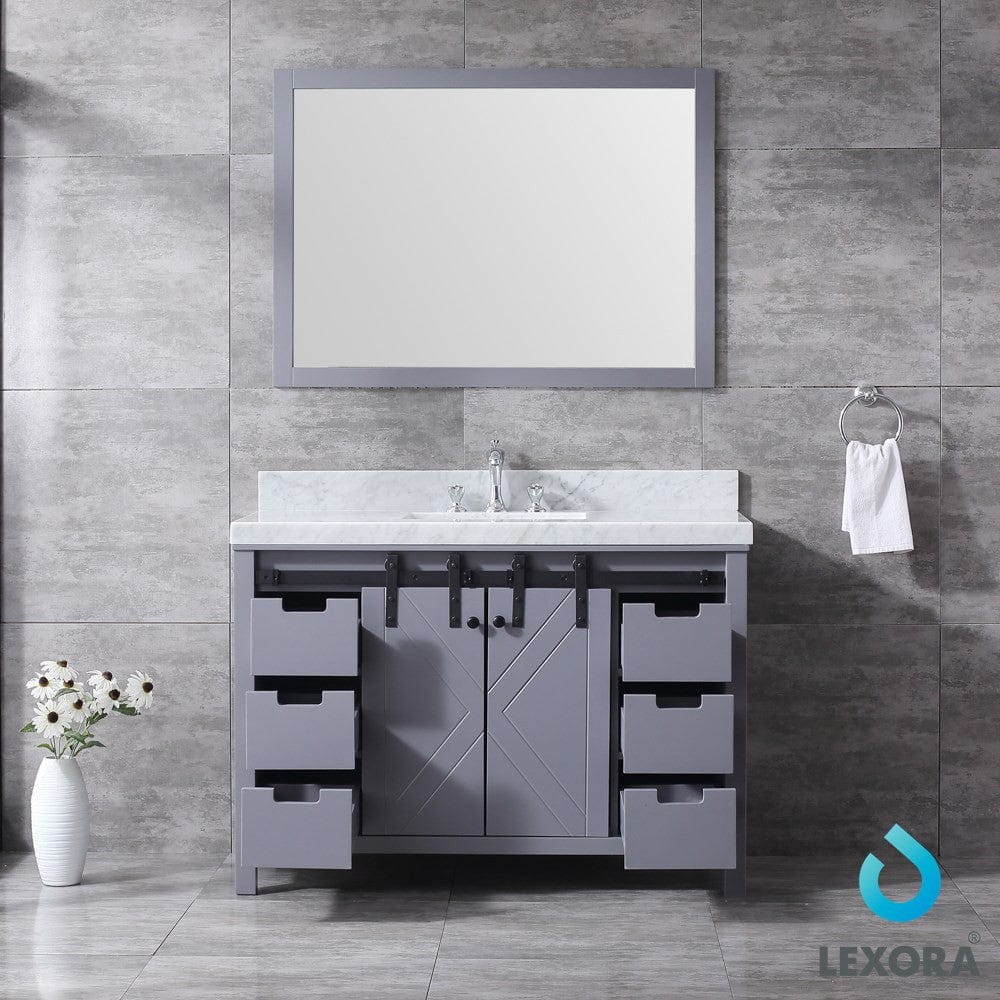 Lexora Marsyas 48" Dark Grey Single Vanity Set | White Carrara Marble Top | White Ceramic Square Undermount Sink | 44" Mirror