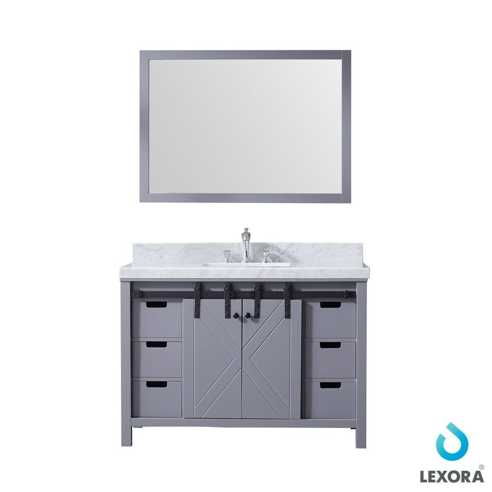 Lexora Marsyas 48" Dark Grey Single Vanity Set | White Carrara Marble Top | White Ceramic Square Undermount Sink | 44" Mirror