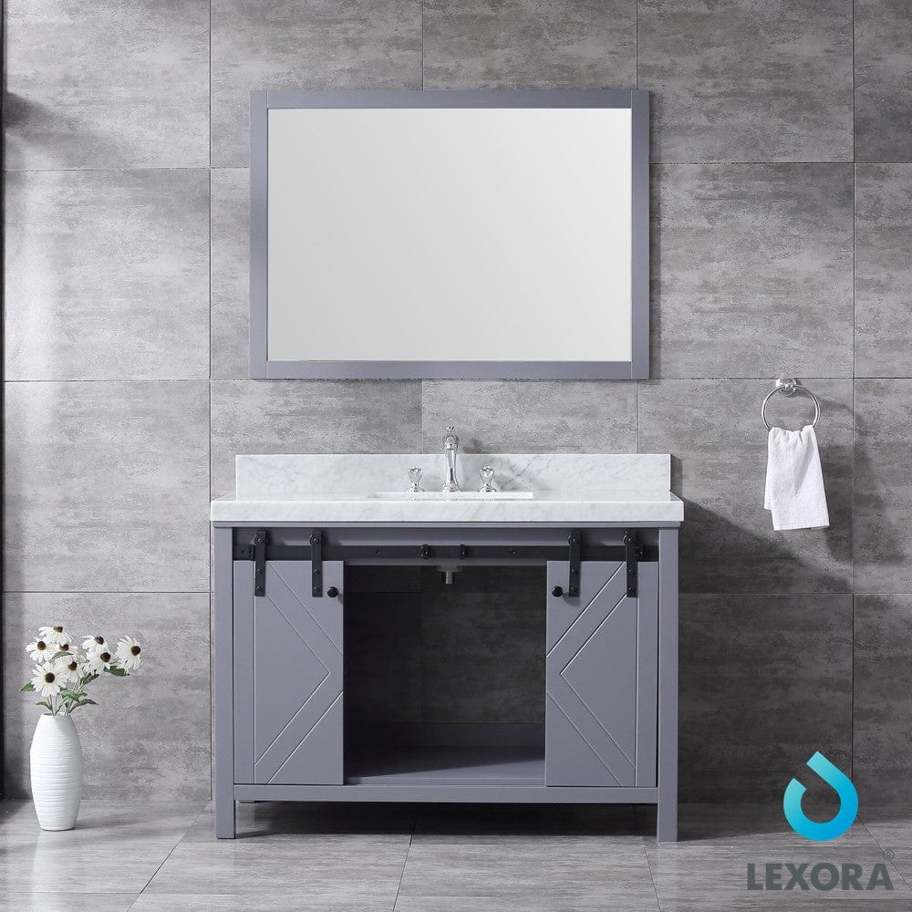 Lexora Marsyas 48" Dark Grey Single Vanity Set | White Carrara Marble Top | White Ceramic Square Undermount Sink | 44" Mirror