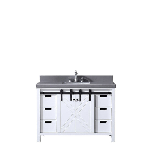 Lexora Marsyas 48" White Single Vanity | Grey Quartz Top | White Ceramic Square Undermount Sink | No Mirror