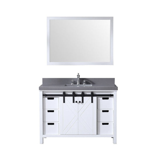 Lexora Marsyas 48" White Single Vanity Set | Grey Quartz Top | White Ceramic Square Undermount Sink | 44" Mirror