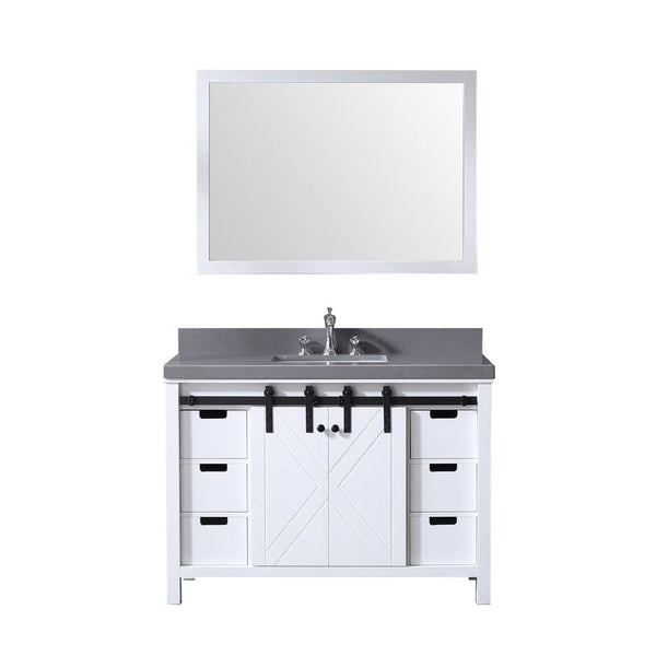 Lexora Marsyas 48 White Single Vanity Set | Grey Quartz Top | White Ceramic Square Undermount Sink | 44 Mirror