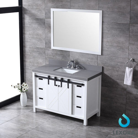 Lexora Marsyas 48" White Single Vanity Set | Grey Quartz Top | White Ceramic Square Undermount Sink | 44" Mirror