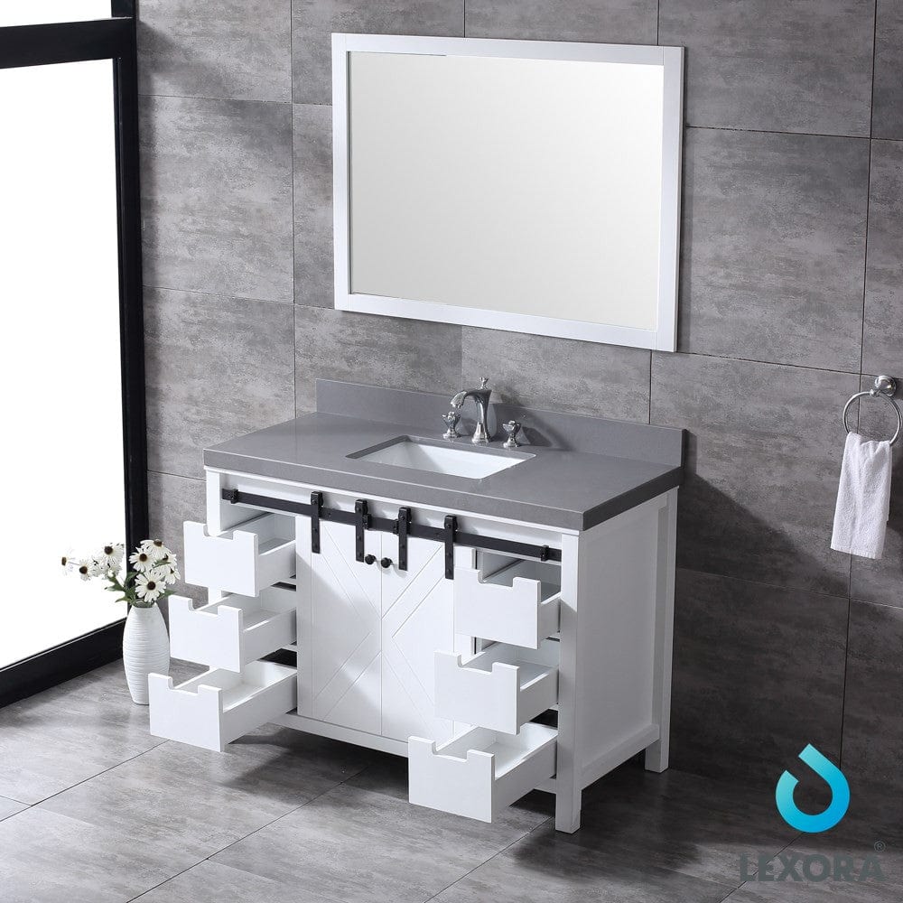 Lexora Marsyas 48" White Single Vanity Set | Grey Quartz Top | White Ceramic Square Undermount Sink | 44" Mirror