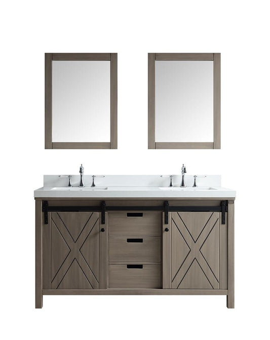 Lexora Vanities Lexora Marsyas 60" Ash Grey Double Vanity Set | White Quartz Top | White Ceramic Square Undermount Sinks | 24" Mirrors