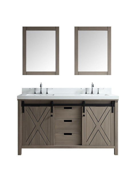 Lexora Marsyas 60 Ash Grey Double Vanity Set | White Quartz Top | White Ceramic Square Undermount Sinks | 24 Mirrors