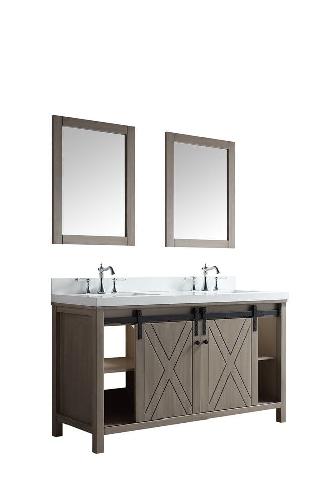 Lexora Marsyas 60" Ash Grey Double Vanity Set | White Quartz Top | White Ceramic Square Undermount Sinks | 24" Mirrors