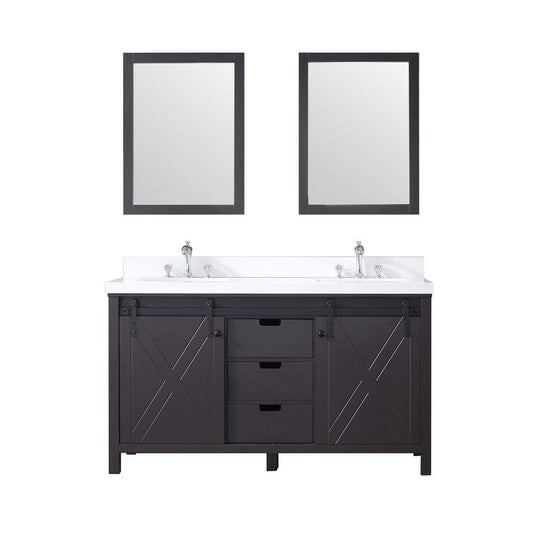 Lexora Vanities Lexora Marsyas 60" Brown Double Vanity Set | White Quartz Top | White Ceramic Square Undermount Sinks | 24" Mirrors