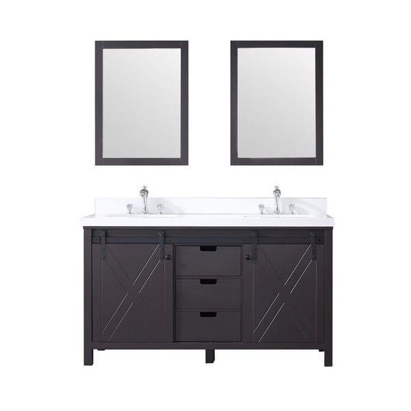 Lexora Marsyas 60 Brown Double Vanity Set | White Quartz Top | White Ceramic Square Undermount Sinks | 24 Mirrors