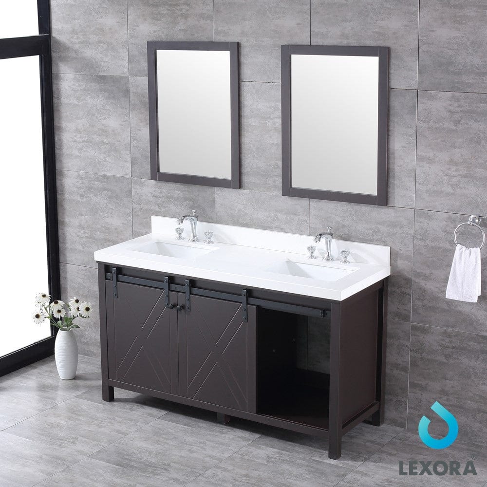 Lexora Marsyas 60" Brown Double Vanity Set | White Quartz Top | White Ceramic Square Undermount Sinks | 24" Mirrors