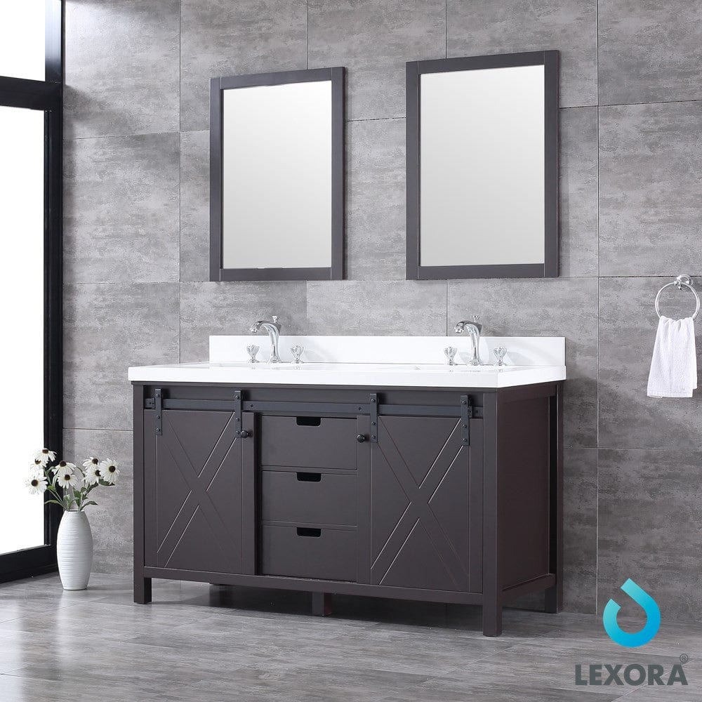 Lexora Marsyas 60" Brown Double Vanity Set | White Quartz Top | White Ceramic Square Undermount Sinks | 24" Mirrors